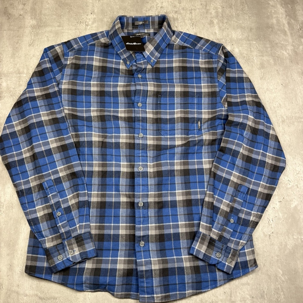 Eddie Bauer Mens L Flannel Shirt Blue Plaid Button Up 100% Cotton